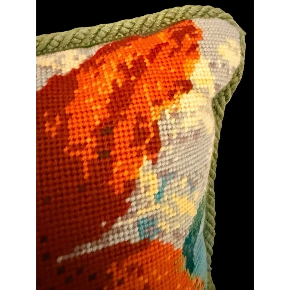 Handmade Needlepoint Hibiscus Throw Pillow 15x15 Tropical Floral Coastal Decor